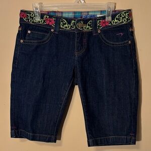 Vintage Men’s Azzure Dark Blue Jean Shorts with Embroidered Waistband and back.